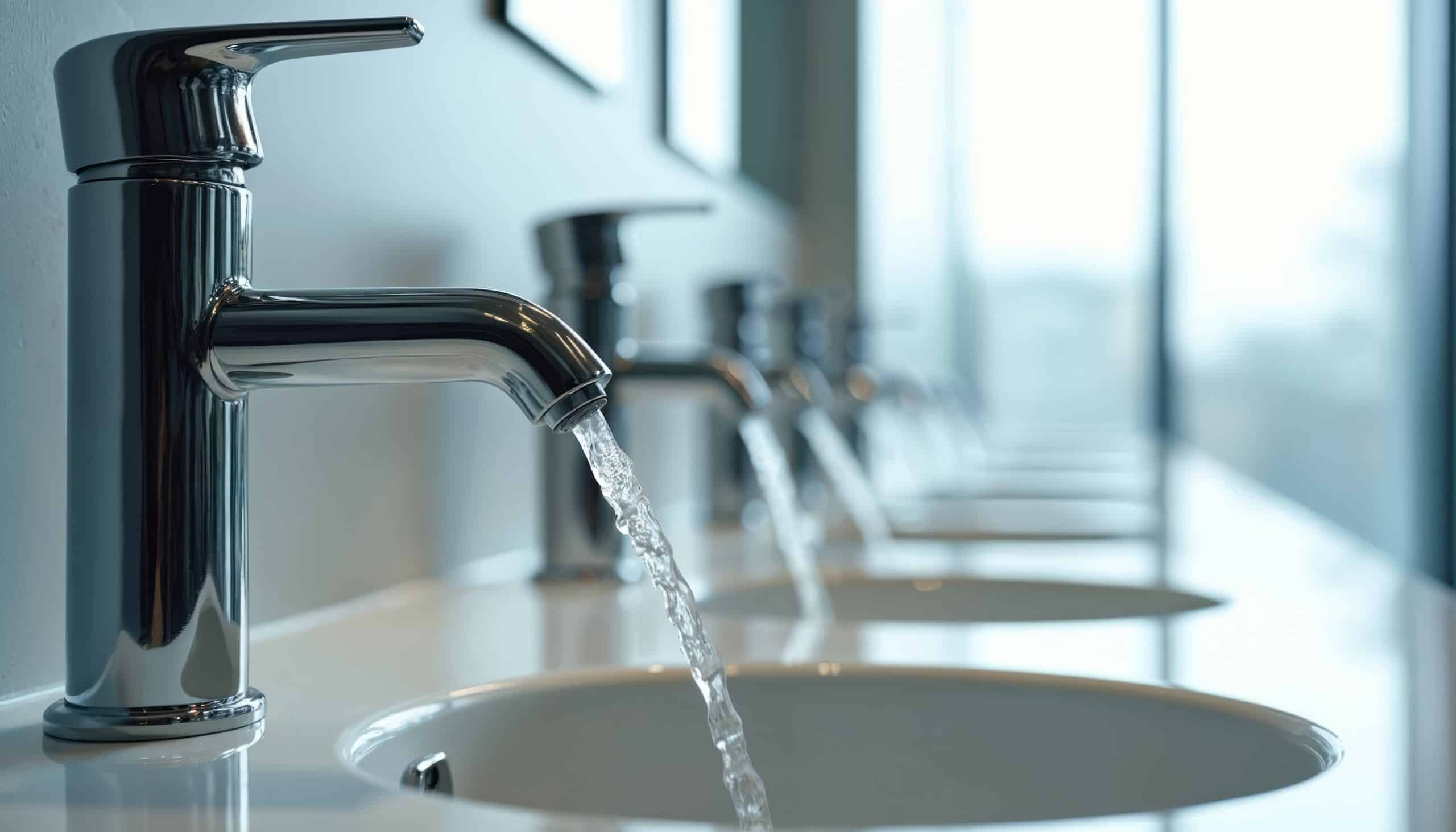 Row of modern chrome faucets in commercial bathroom with water running into sinks. Water conservation in public restroom hygiene. Cleanliness concept for facility management. Hillfield House Project Image 7